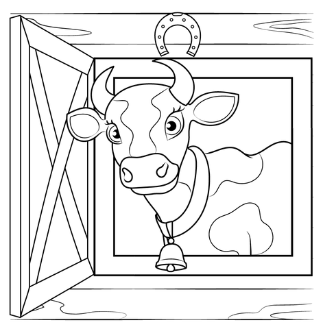 Cow At The Barn Window Coloring Page